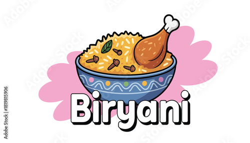 Delicious biryani with chicken leg served in a bowl cartoon style drawing image