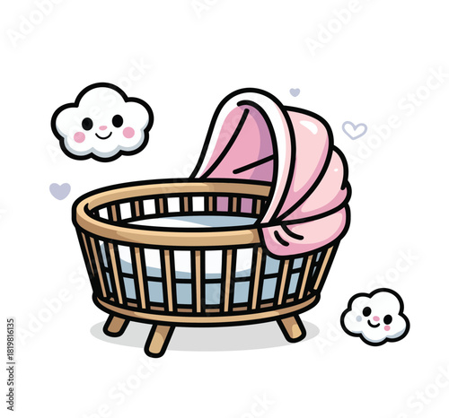 Cartoon baby crib with clouds and hearts for a newborn nursery decoration design illustration