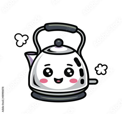 Cute cartoon kettle with a smiling face and steam coming out of the spout