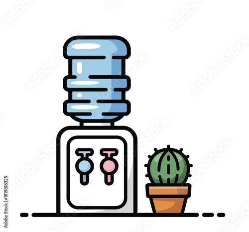 Water cooler and cactus illustration in a cartoon style office environment image vector 100