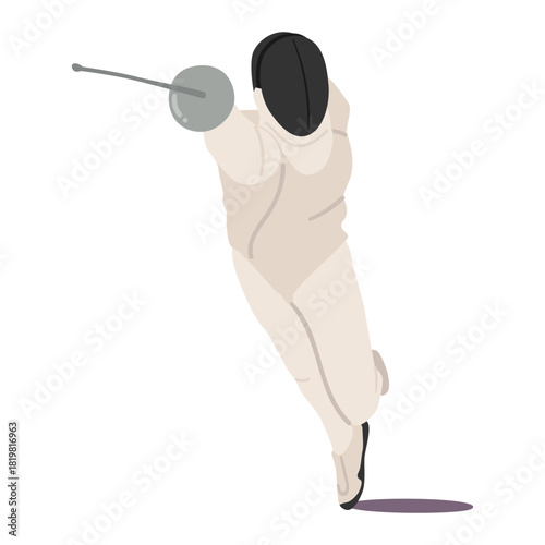 Fencer cartoon character fully geared doing parry and lunge with riposte thrust isolated on white