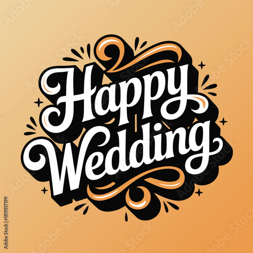 Happy wedding typography illustration on a peach background for celebration design