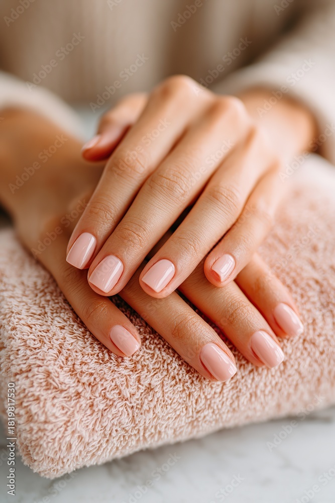 Naklejka premium Elegant natural manicure with soft pink polish and cozy towel in a relaxed setting