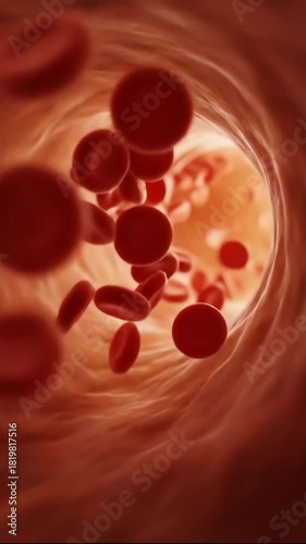 Flowing red blood cells inside artery, microscopic medical journey