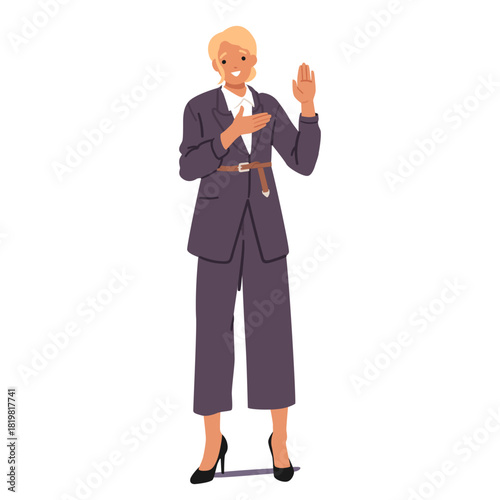 Businesswoman isolated cartoon character taking oath promising gravity of professional dealings