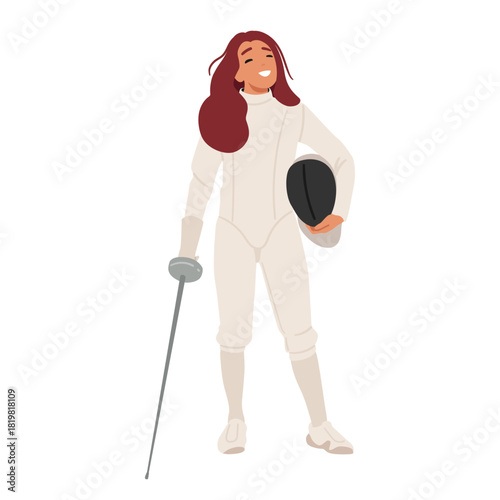 Happy smiling fencing woman cartoon character posing in full gear isolated on white background