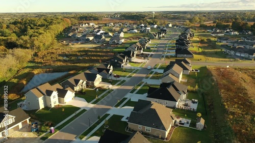 Establishing shot of Midwestern United States. American neighborhood, New construction houses. Aerial view of houses. Small town, community
