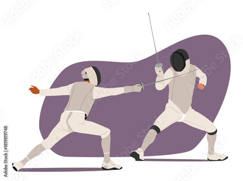 People cartoon characters doing fencing performing dynamic sword sport participating competition