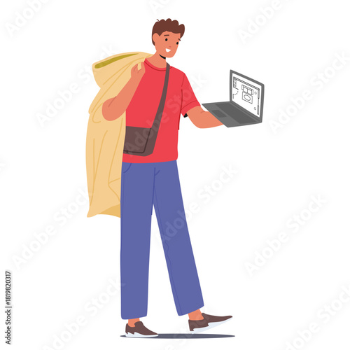 Man designer holding laptop computer with interior design blueprint project isolated on white
