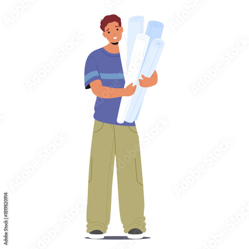 Man interior designer carrying drafting papers, blueprints scrolls isolated on white background