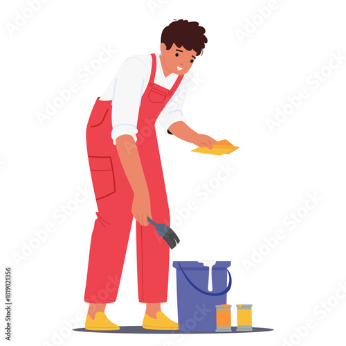 Man decorator character painting with brush remodeling home or office for refreshing and new look