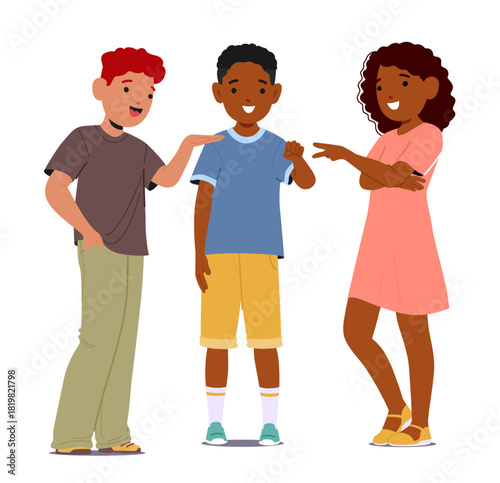 Diverse multiethnic little children carton characters playing paper rock scissors game together