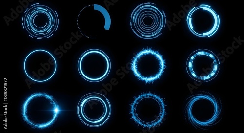 A collection of twelve glowing blue circular futuristic HUD elements on a black background.