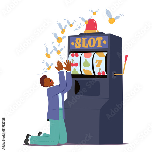Man kneeling at slot machine screaming and crying in panic suffering gambling losses and misfortune
