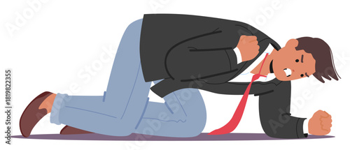 Furious irritated man cartoon character in rage hitting floor with fists screaming isolated on white