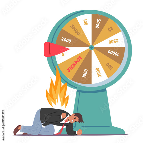 Angry furious man character expressing rage and despair after suffering losses at lottery wheel