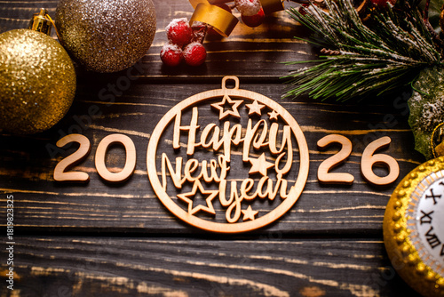 Happy new year 2026 on wooden brown background
