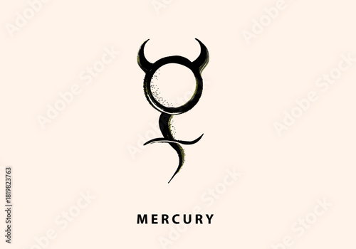 Planet Mercury Symbol. Mercury sign. alchemy symbol tattoo art style, grunge brush strokes,