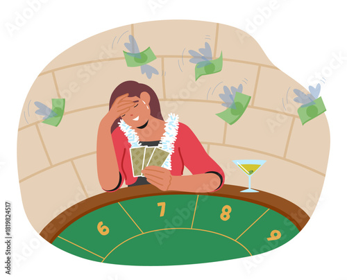 Upset crying woman feeling distraught from gambling losses at casino poker table cartoon scene