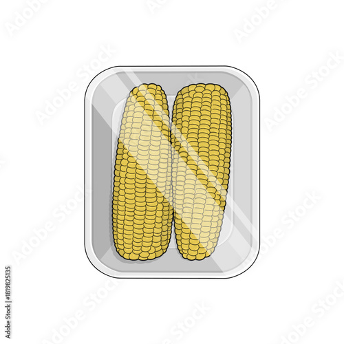 Corn, vegetable, cooking ingredient. Corn in a styrofoam food tray. Isolated on white background. Supermarket display.