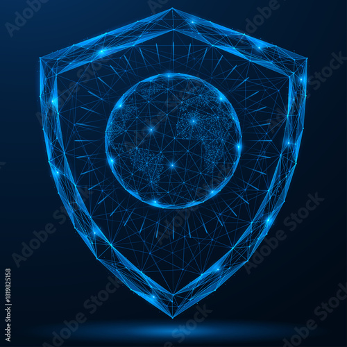Cyberspace protection. The shield in the center of which is the digital planet. The concept of data protection, digital infrastructure and international network systems.