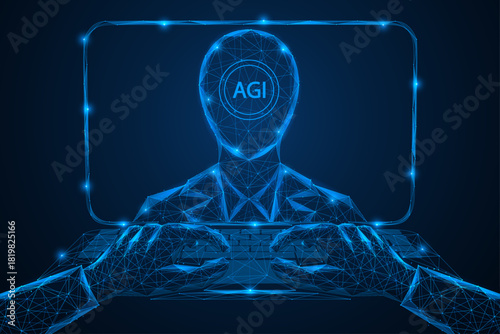 The interface of general artificial intelligence. The concept symbolizes the interaction of the digital mind with central information systems, high-level analysis and machine thinking.