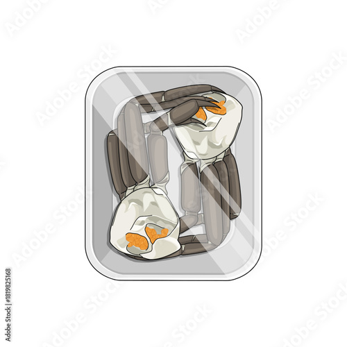 Seafood raw crab isolated on white background. Crab in a styrofoam food tray, supermarket display. 