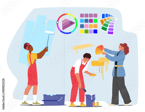 Interior designers and decorators team choosing palette and coloring walls of room cartoon scene