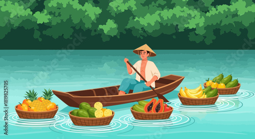 Floating market scene with tropical fruits and vendor in traditional boat