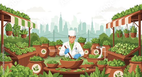 Urban herbology: a scientist cultivates plants against city skyline background