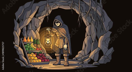 Mysterious figure illuminated in a cave with a curious fruit display