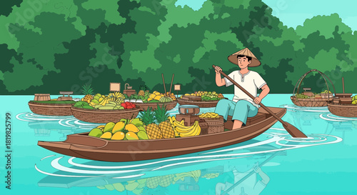 Vibrant floating market scene with tropical fruits and local vendor illustration