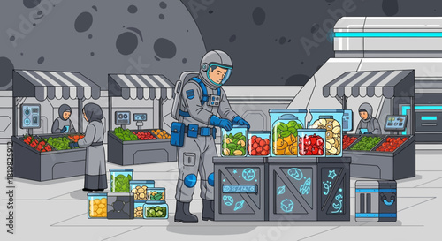 Interstellar shopping: An astronaut selects pickled goods at a lunar marketplace