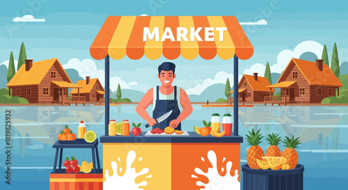 Vibrant tropical fruit market stand near waterfront log cabins landscape