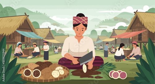 Rural market scene featuring women preparing vegetables in a traditional village