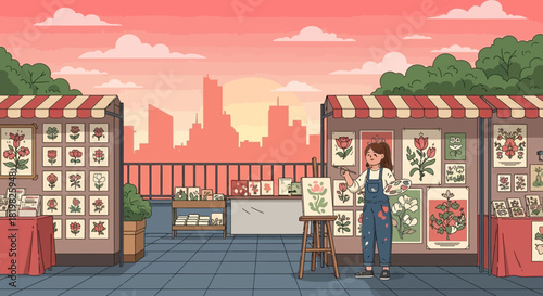 Artistic rooftop floral market scene with a painter and cityscape backdrop