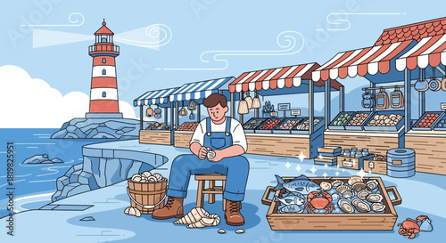 Seaside Market Scene with Fresh Seafood and Produce Stands Near a Lighthouse