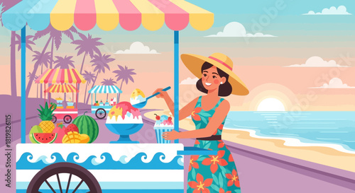 Tropical Delight: Woman Preparing Refreshments at Beachfront Ice Cream Stand