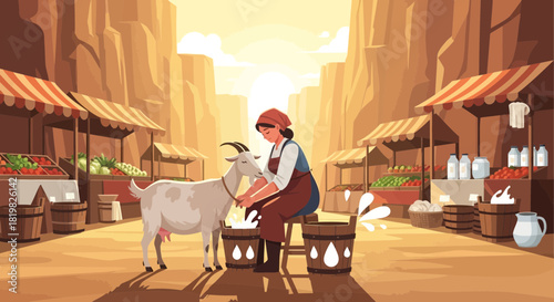 Rural Scene: Woman Milking Goat at Market with Mountain Backdrop and Produce