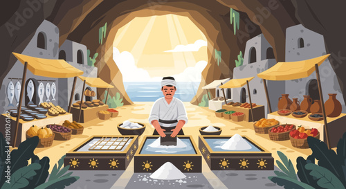 Seaside Salt Harvesting Illustration of Man Processing Minerals Near Trade Stalls