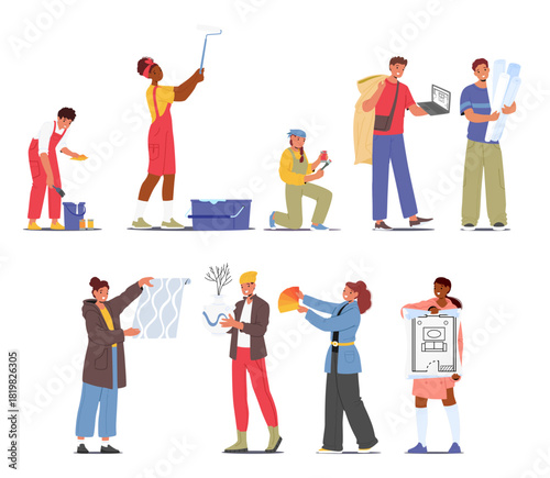 Interior designers and decorators cartoon characters working on room styling at different ways set