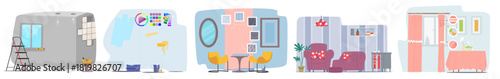 Modern aesthetic interior design creation and refreshing process presented by cartoon rooms set