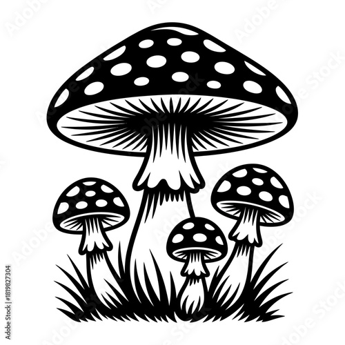 Black and White Mushroom Illustration with Polka Dots for Nature Lovers and Fungi Enthusiasts Ideal for Prints and Designs