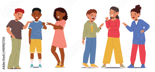 Cheerful little kids cartoon characters playing paper rock scissors hand interactive game set