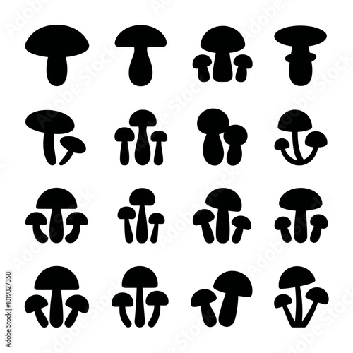 Collection of Mushroom Illustrations in Black Silhouette on White Background Fungi Graphics Food Ingredient Vector Isolated Shapes