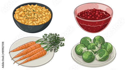 Festive Thanksgiving Dinner Side Dishes Featuring Mac and Cheese Cranberry Sauce Carrots and Brussels Sprouts Ideal for Holiday Feasts