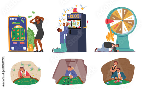 Unhappy people suffering gambling losses showing emotions of despair, financial ruin and addiction