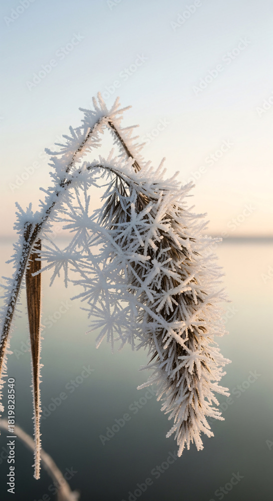 Obraz premium Frozen dry reed grass covered with heavy white hoarfrost ice crystals, macro close up at sunrise, blurred lake background, soft morning light, winter nature detail, vertical