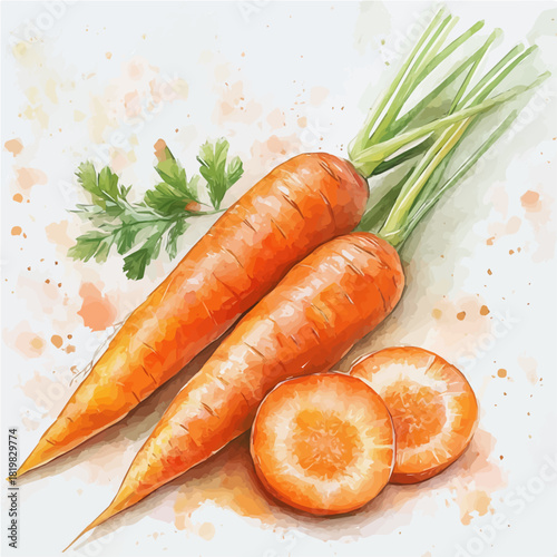 Watercolor_style_painting_of_orange_carrot_with_slices_on_a_white_Hand-painted style, vectorized, vector set available in EPS