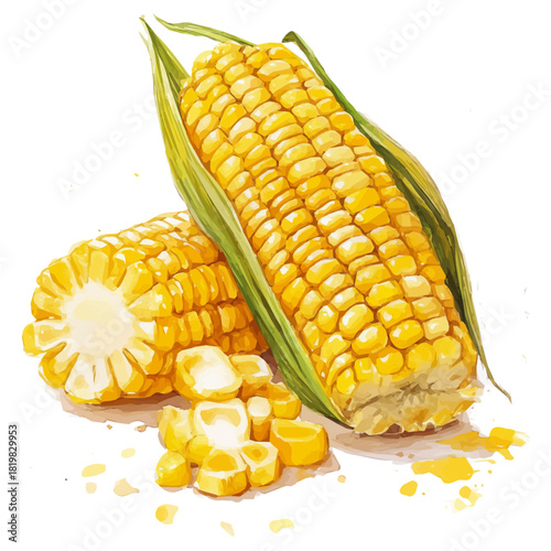 Watercolor_style_painting_of_sliced_corn_on_a_white_Hand-painted style, vectorized, vector set available in EPS